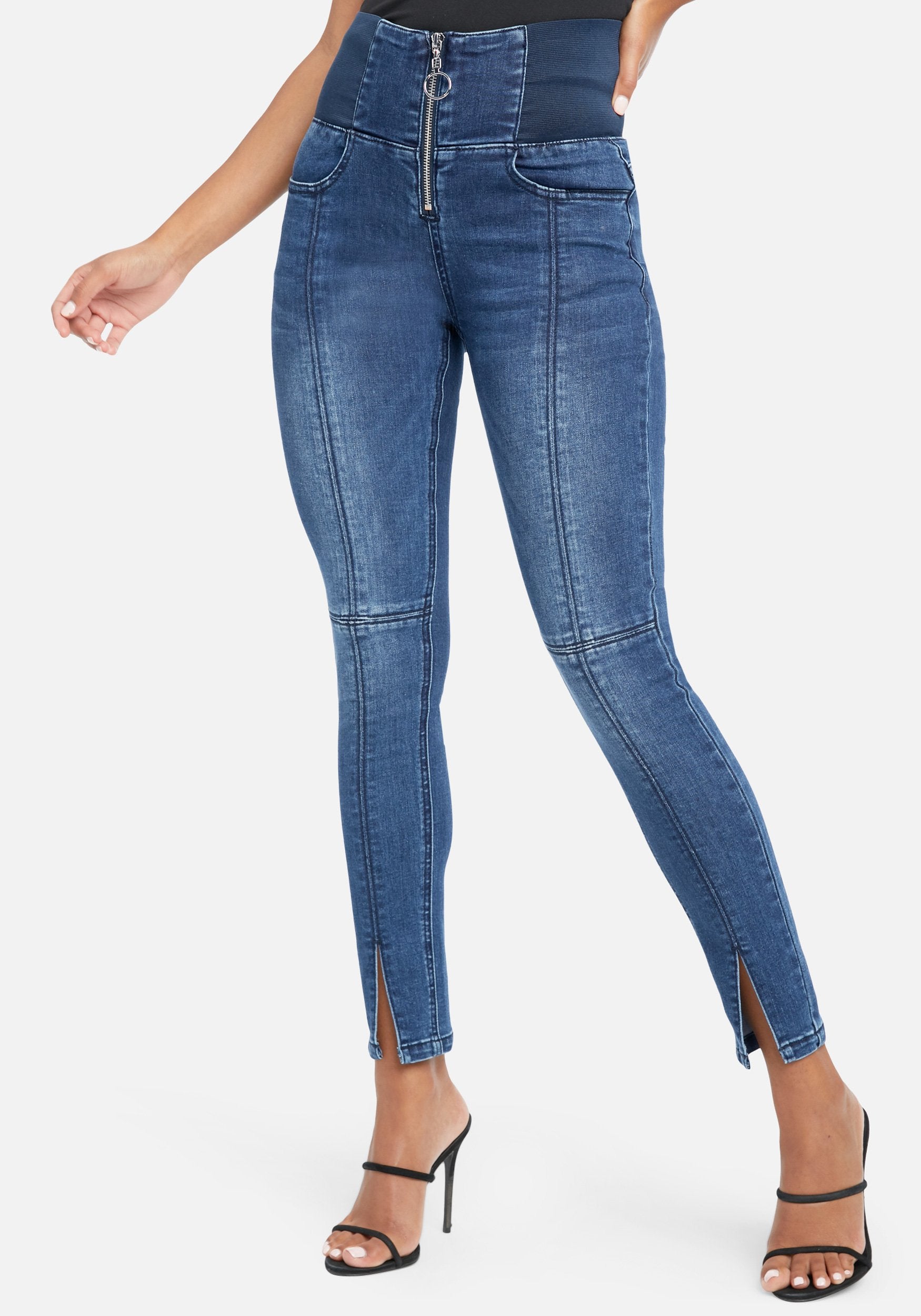Bebe Women's Elastic Waist Band Skinny Jeans, Size 29 in Med Indigo Wash Cotton/Spandex/Viscose