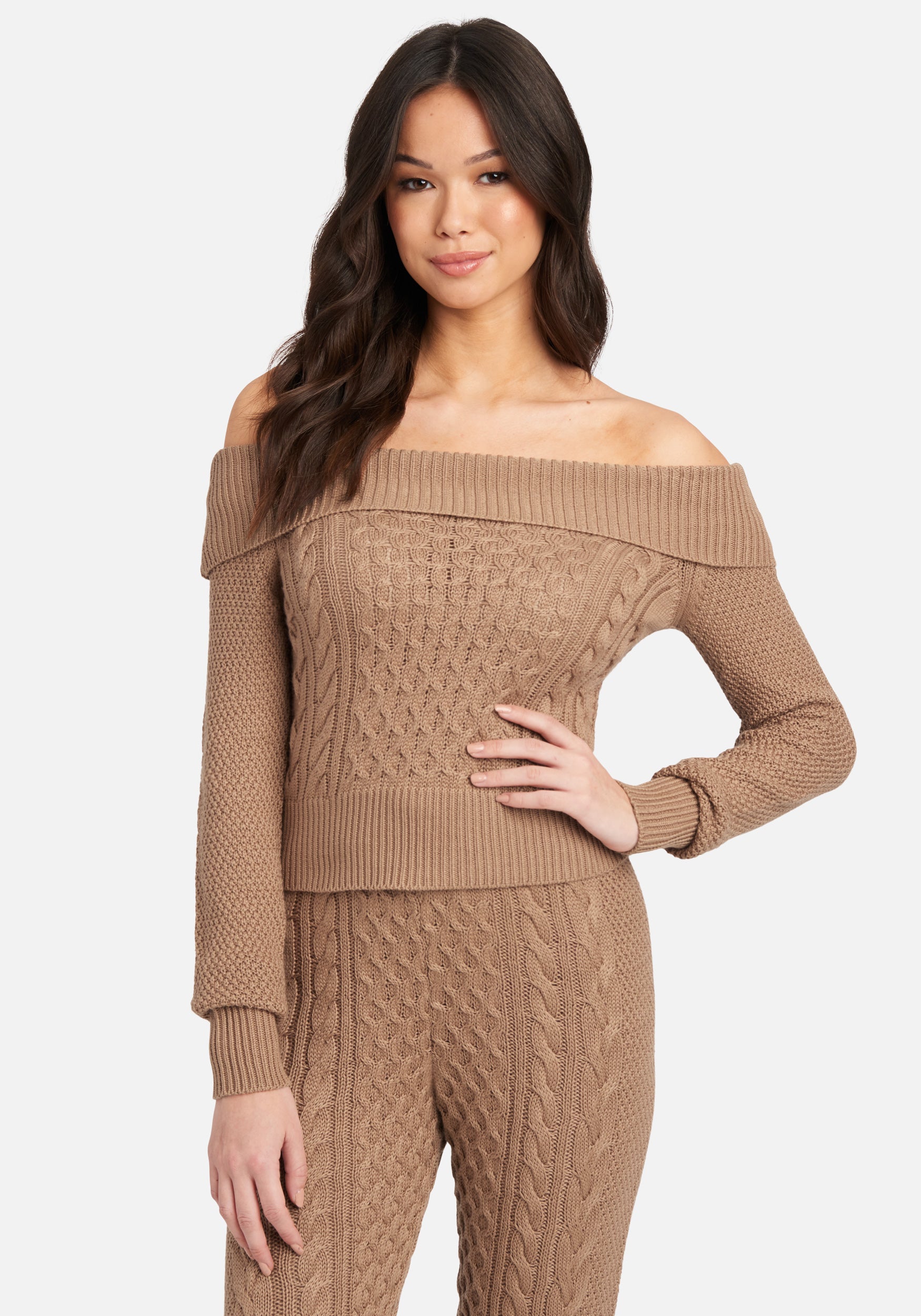  -Off Shoulder Cable Knit Sweater Top