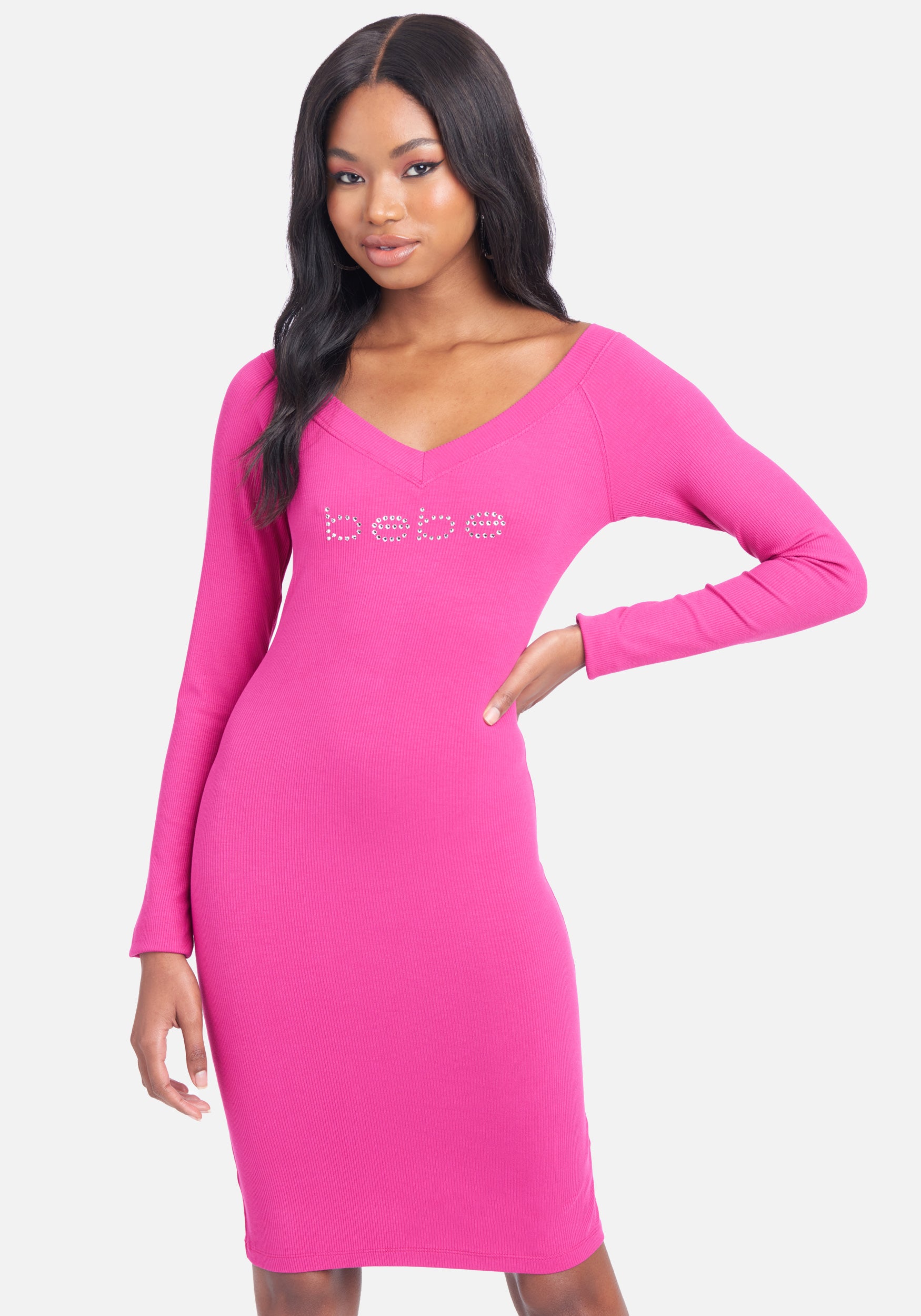 Swarovski Logo Long Sleeve Dress Bebe