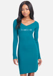 V-neck Crystal Fitted Long Sleeves Dress