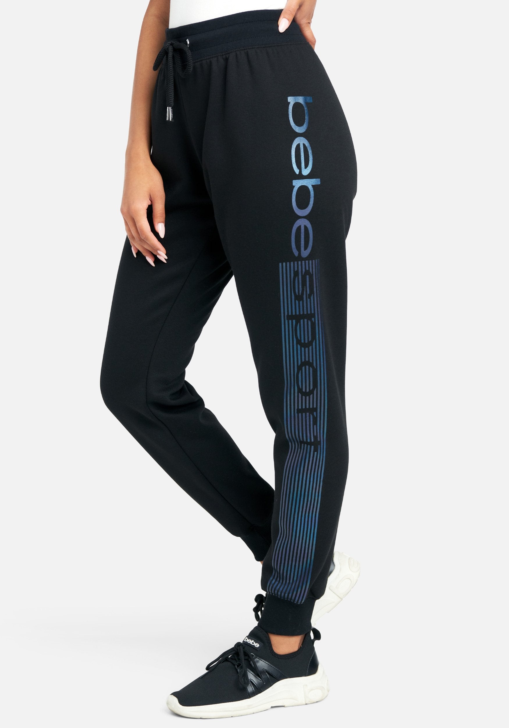 Women's Bebe Sport Logo Stripe Jogger Pant, Size Large in Black/Iridescent Cotton