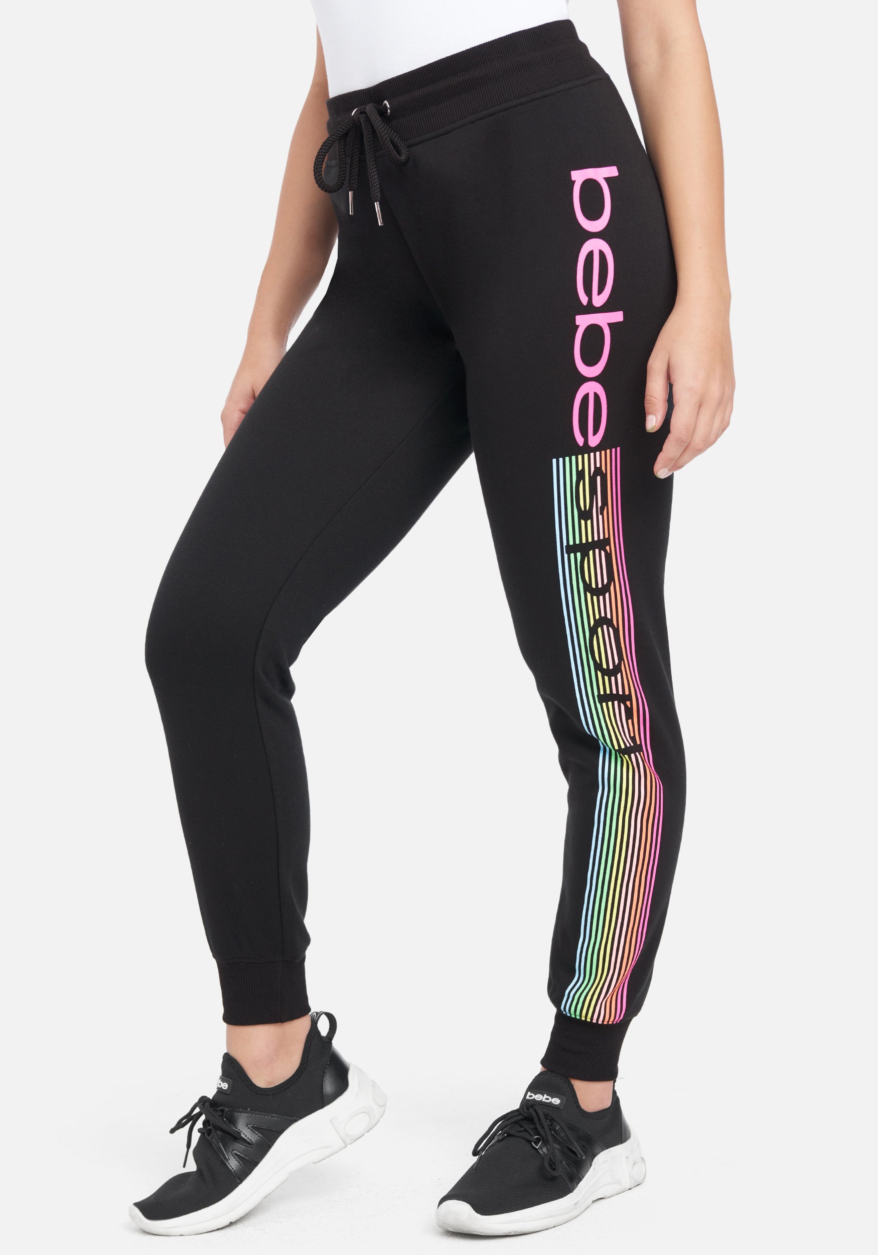 Women's Bebe Sport Logo Stripe Jogger Pant, Size Small in Black/Rainbow Cotton