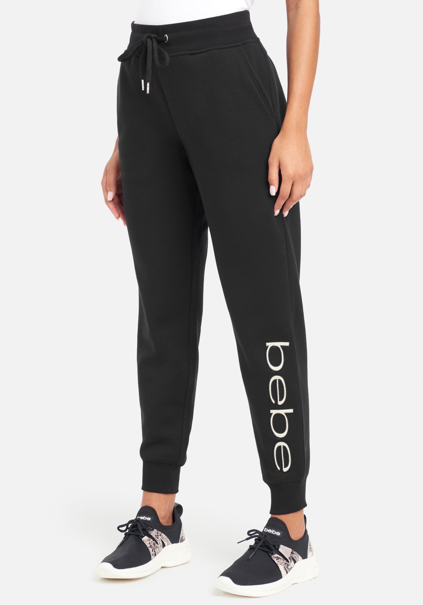 Women's Bebe Sport Sherpa Logo Patch Jogger Pant, Size Small in Black Spandex