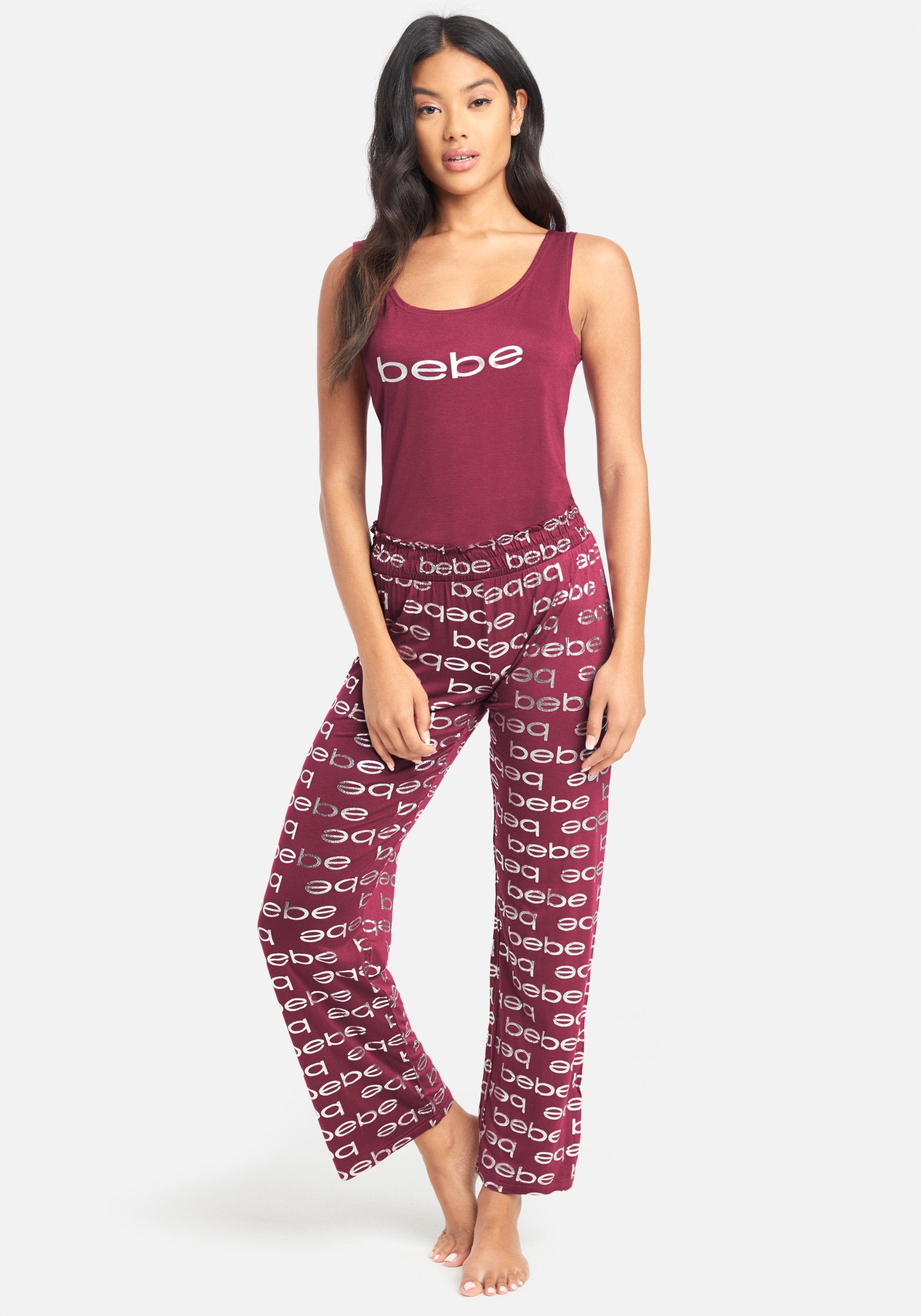 Bebe coupon: Women's Allover Bebe Pant Set, Size XL in Plum Spandex