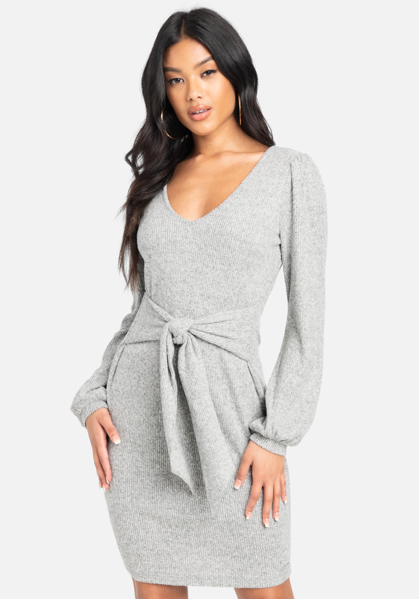 Bebe Women's Sweater Knit Waist Tie Dress, Size Large in Light Grey Spandex/Viscose