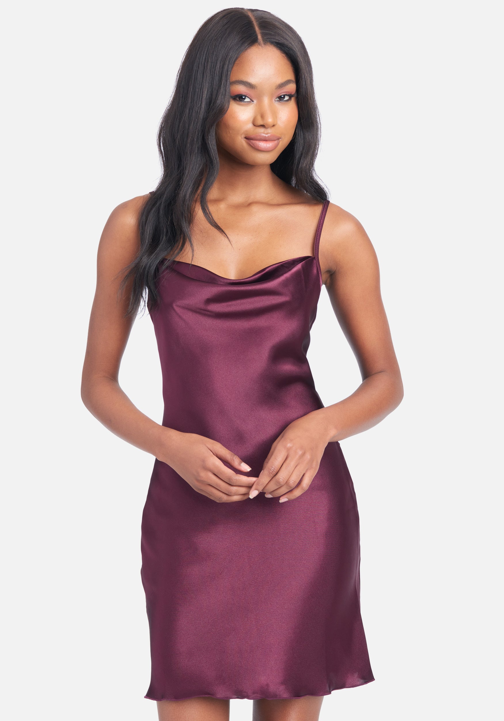 Satin Cowl Neck Slip Mini Dress Bebe