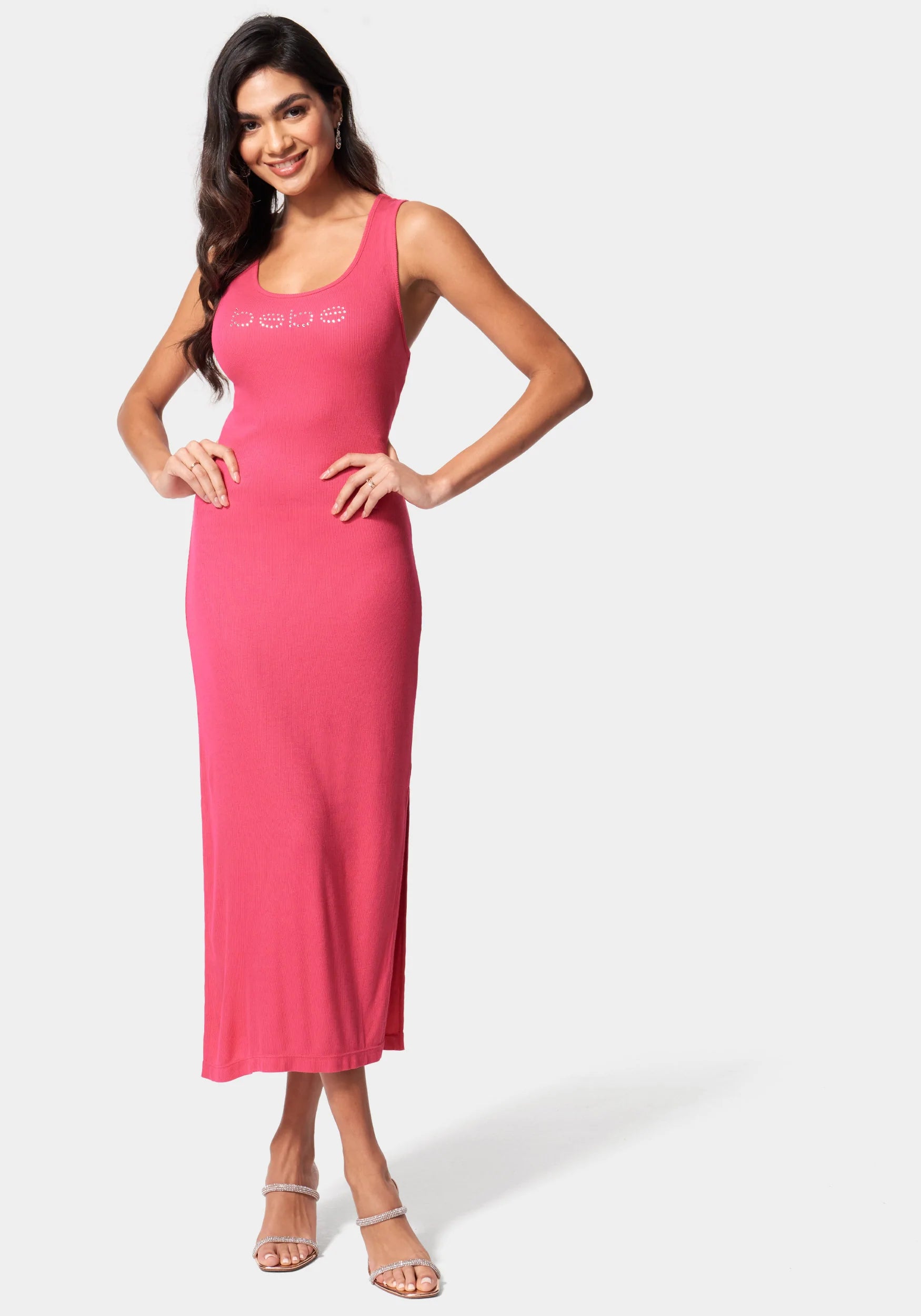 Ribbed Slit Maxi Dress With Rhinestones