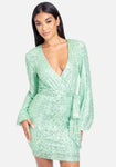 Sexy Short Long Sleeves Sequined Wrap Dress