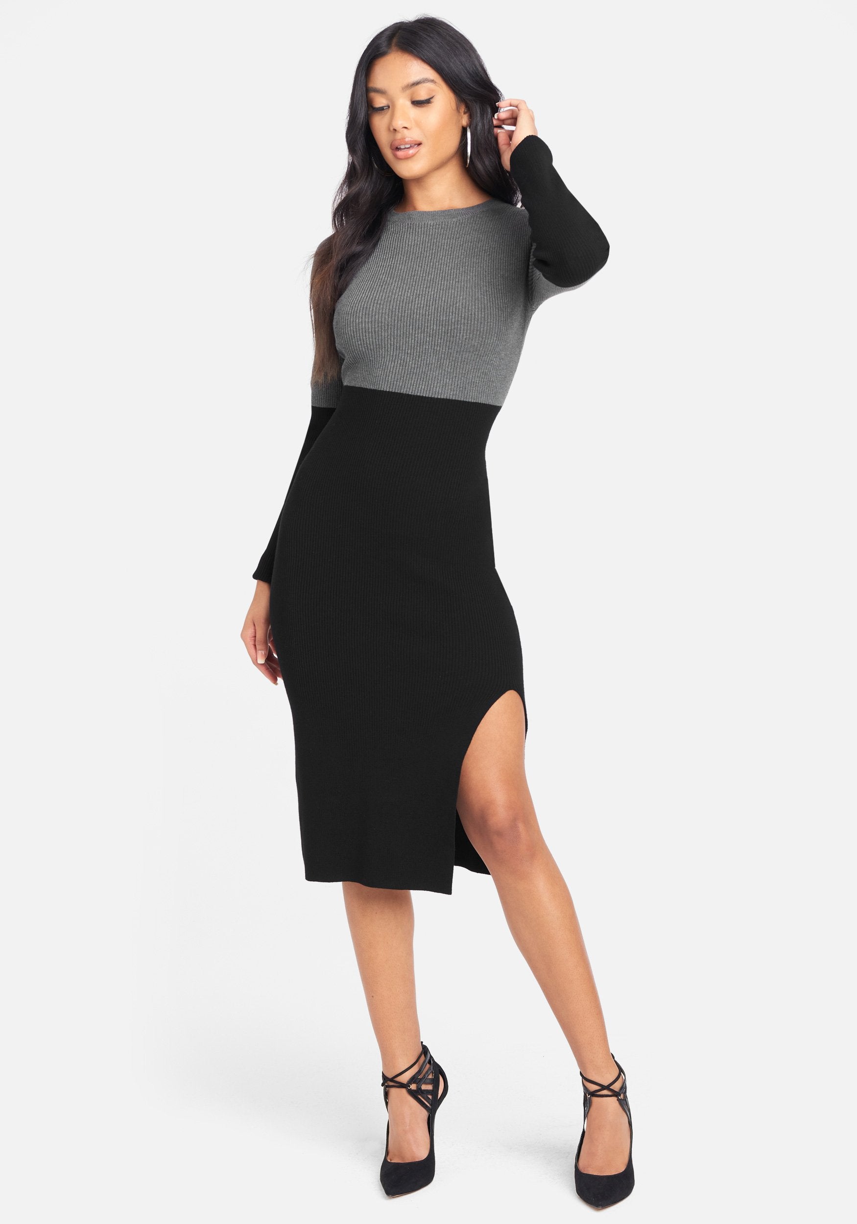 Bebe Women's Two Tone Dress, Size Medium in Charcoal Viscose