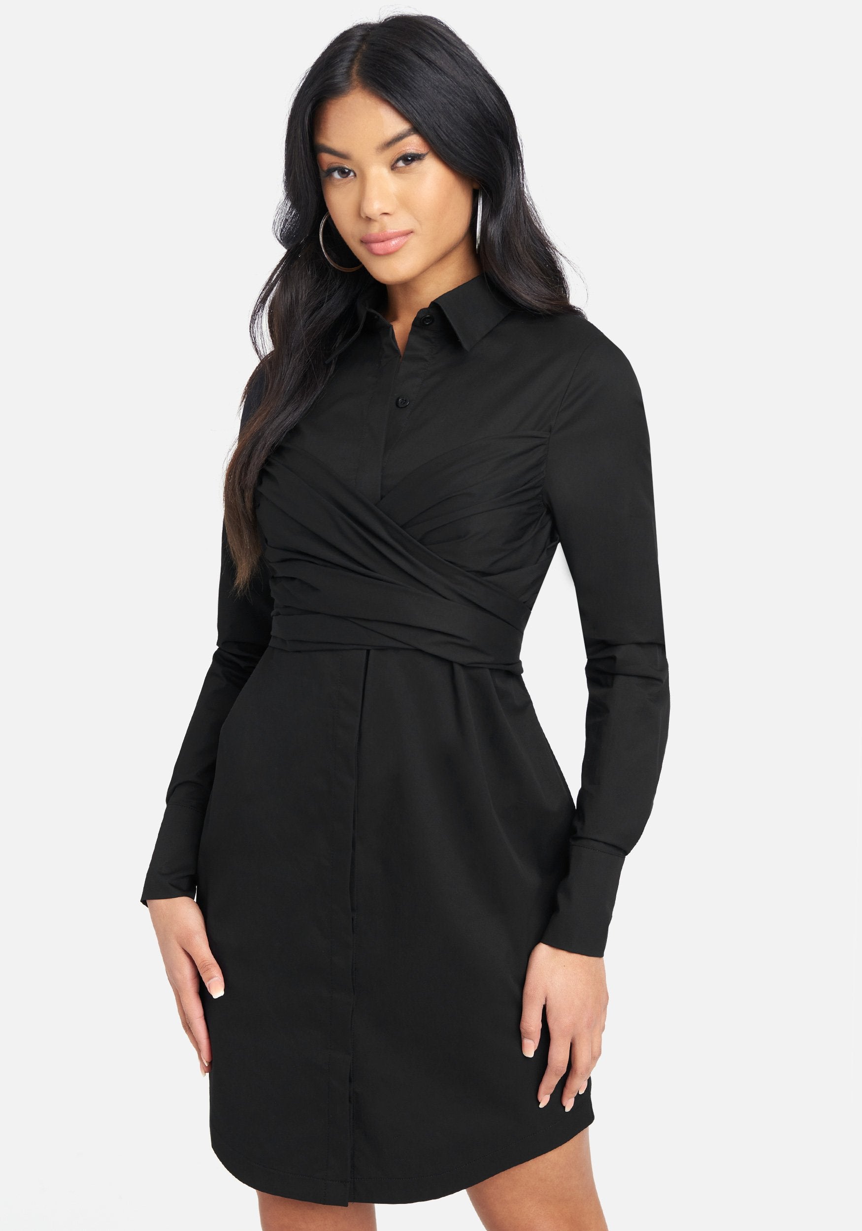 Bebe Women's Stretch Poplin Shirt Dress, Size 10 in Black Cotton/Spandex