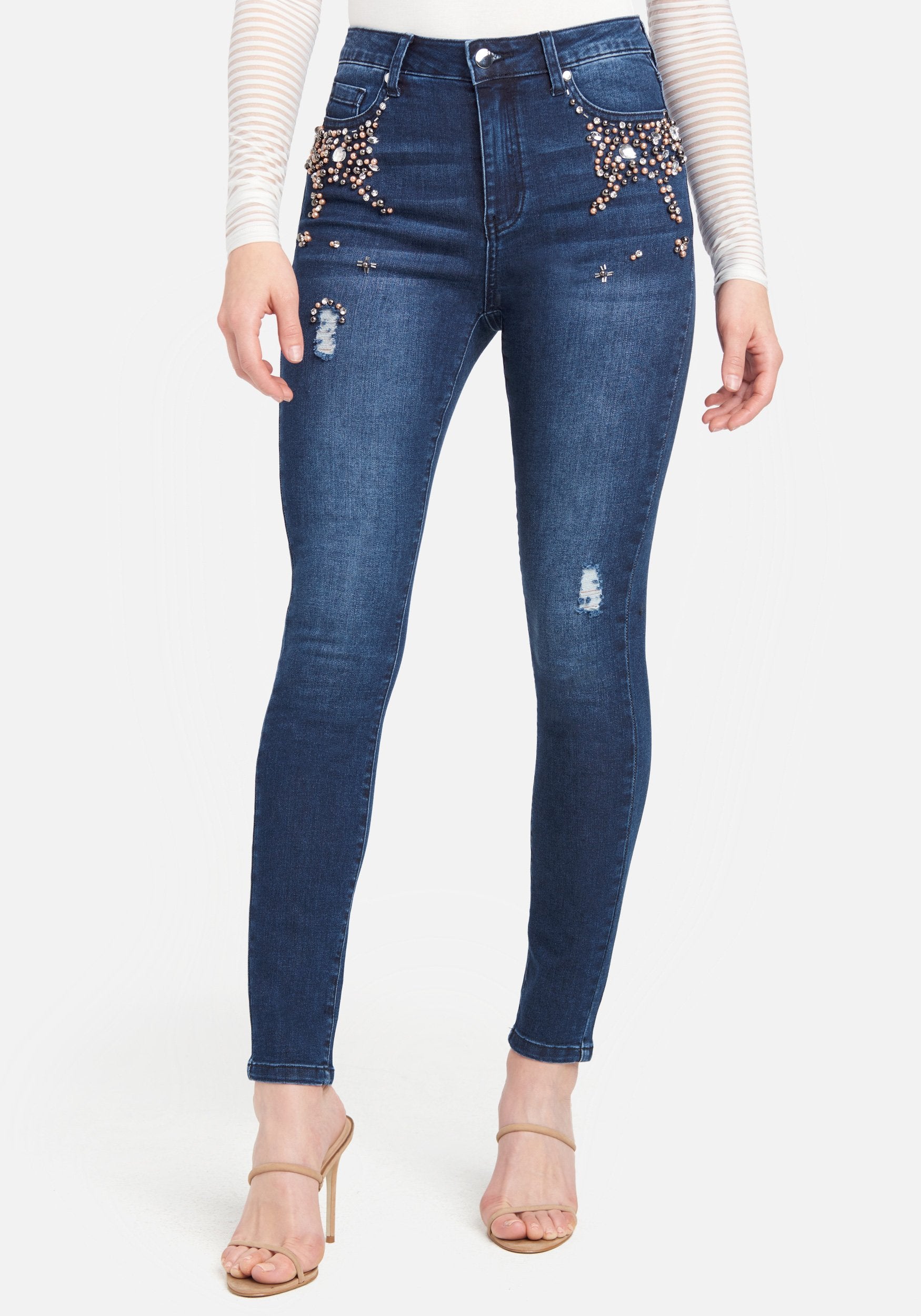 Bebe Women's Pearl And Rhinestone Skinny Jeans, Size 32 in Medium Indigo Wash Cotton/Spandex
