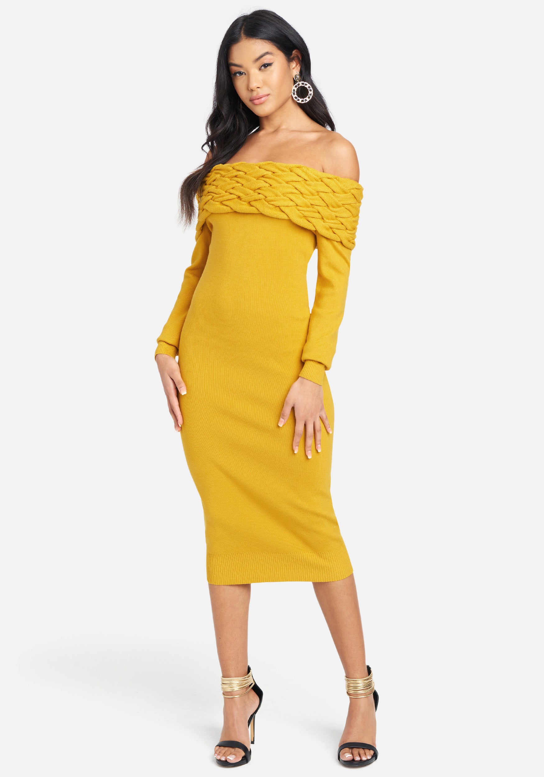 Bebe Women's Off Shoulder Cable Knit Dress, Size Large in Sunflower Viscose