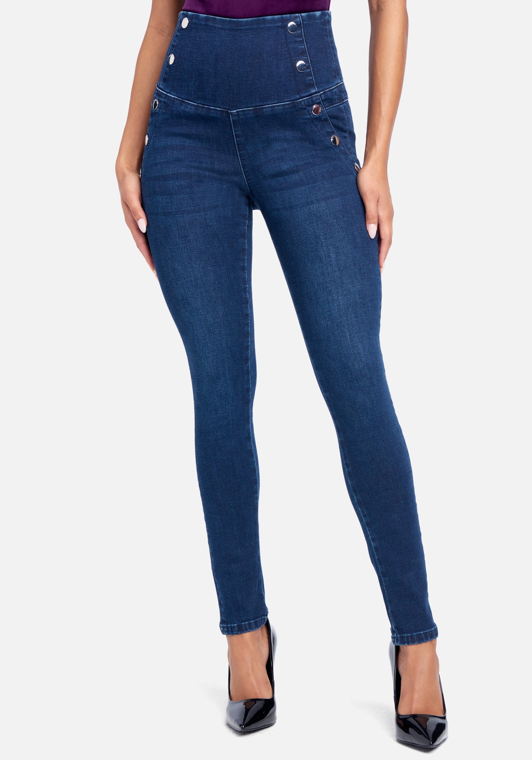  Apparel > Bottoms > Jeans-High Waisted Silver Button Detail Skinny Jeans