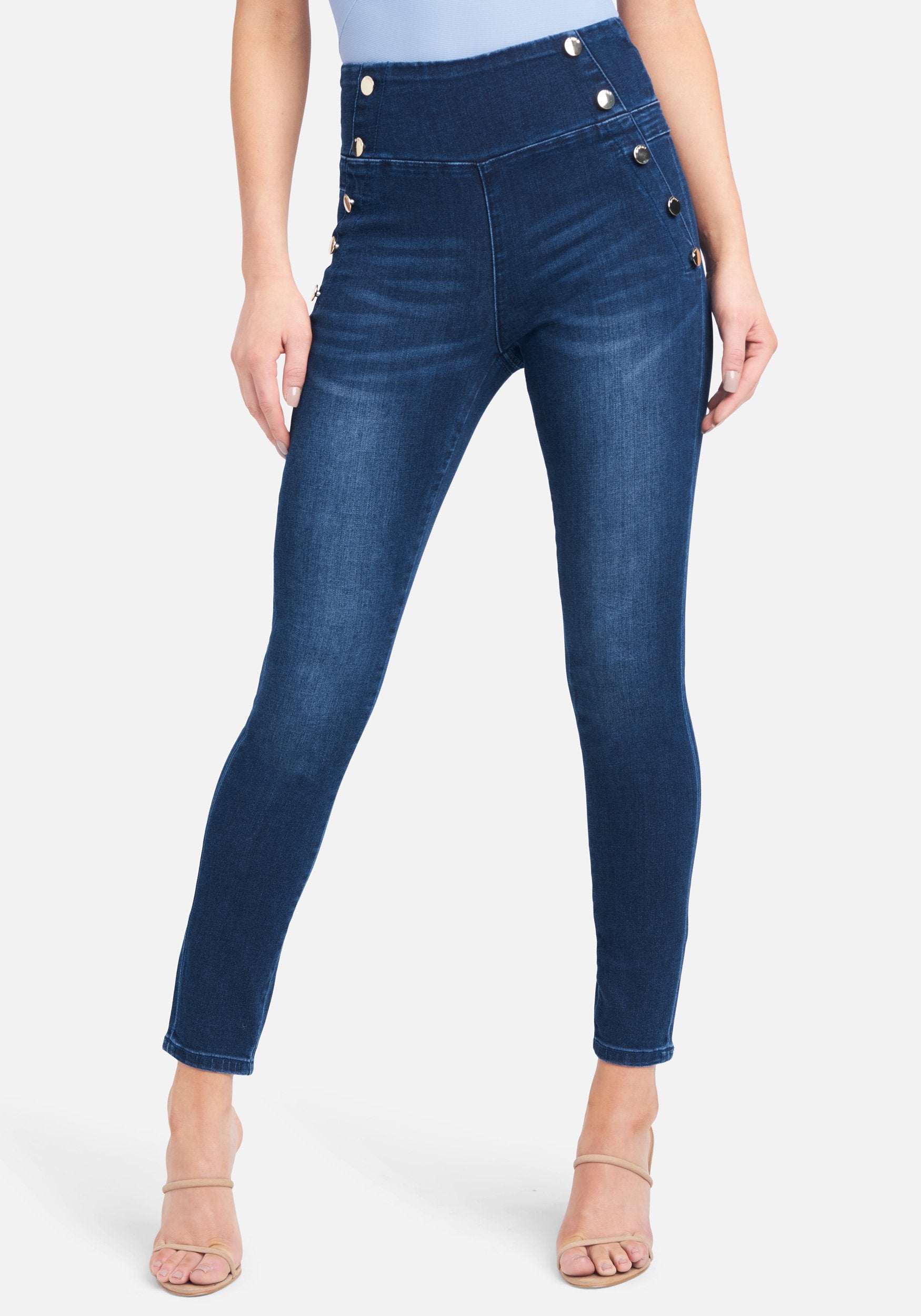  Accessories > Handbags-High Waisted Button Detail Skinny Jeans