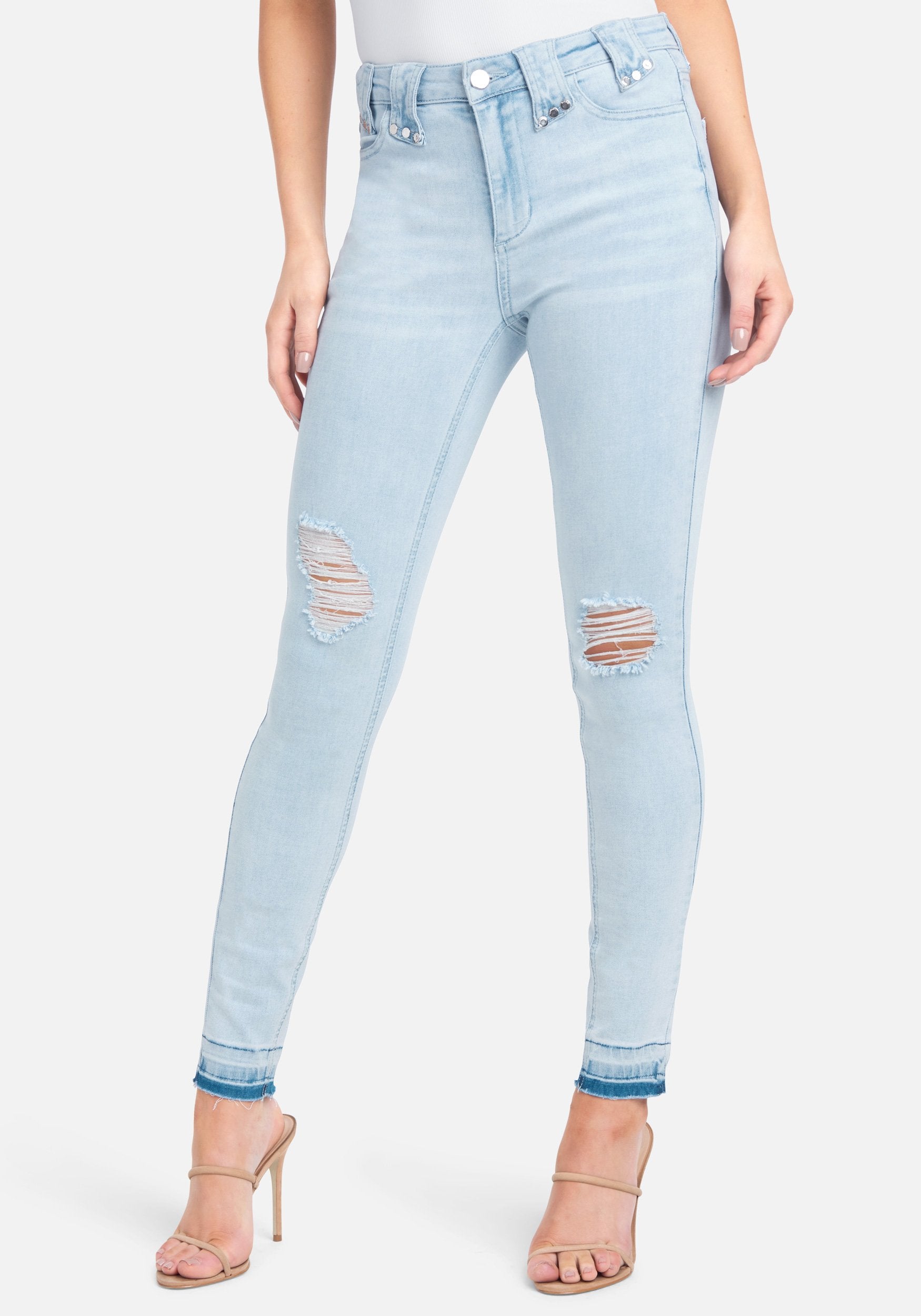 Bebe Women's Distressed Skinny Jeans, Size 25 in Light Blue Wash Cotton/Spandex