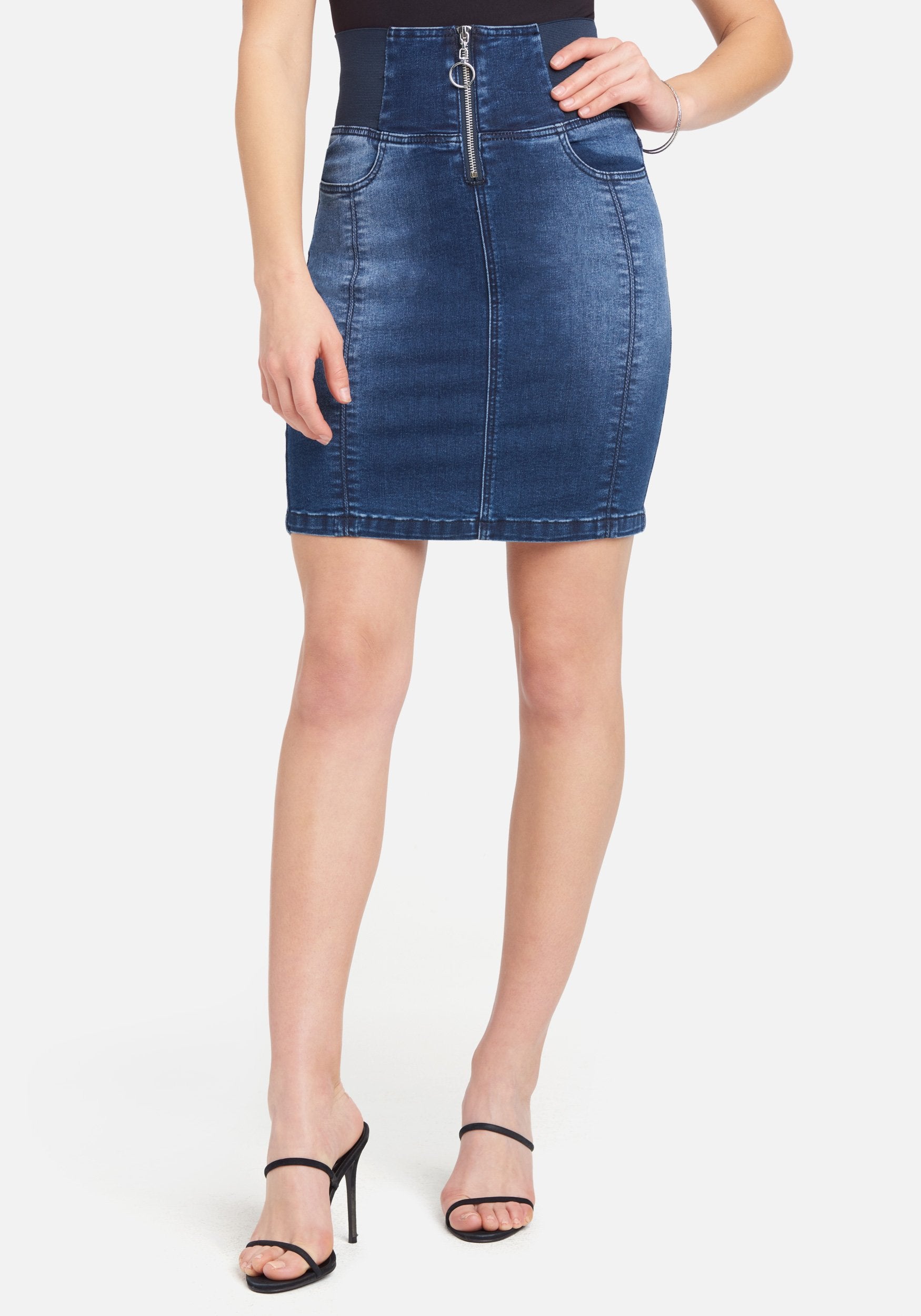Bebe Women's Elastic High Waist Jean Skirt, Size 26 in Med Indigo Wash Cotton/Spandex