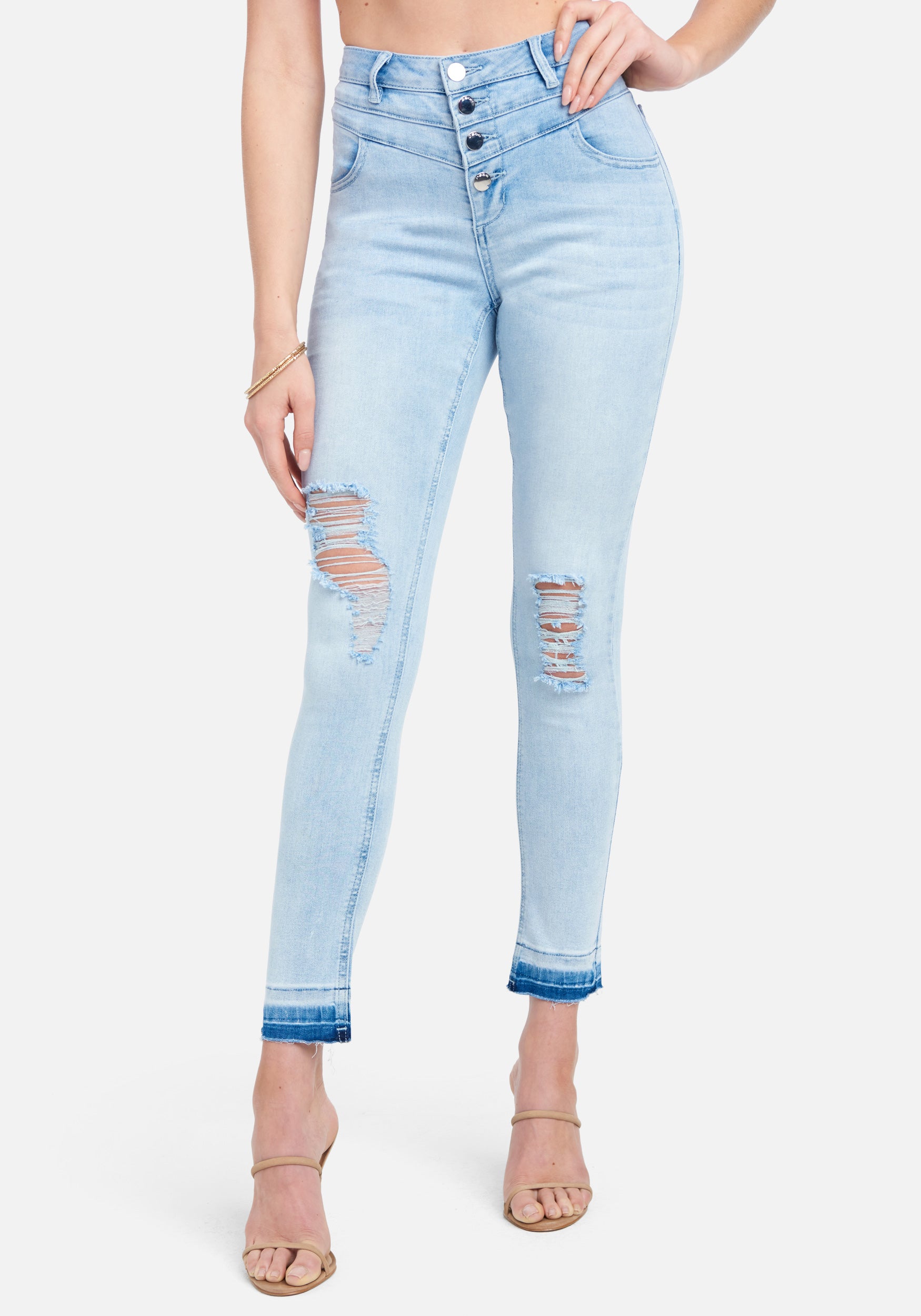 Bebe Women's High Waist Multi Button Skinny Jeans, Size 26 in Light Blue Wash Cotton/Spandex