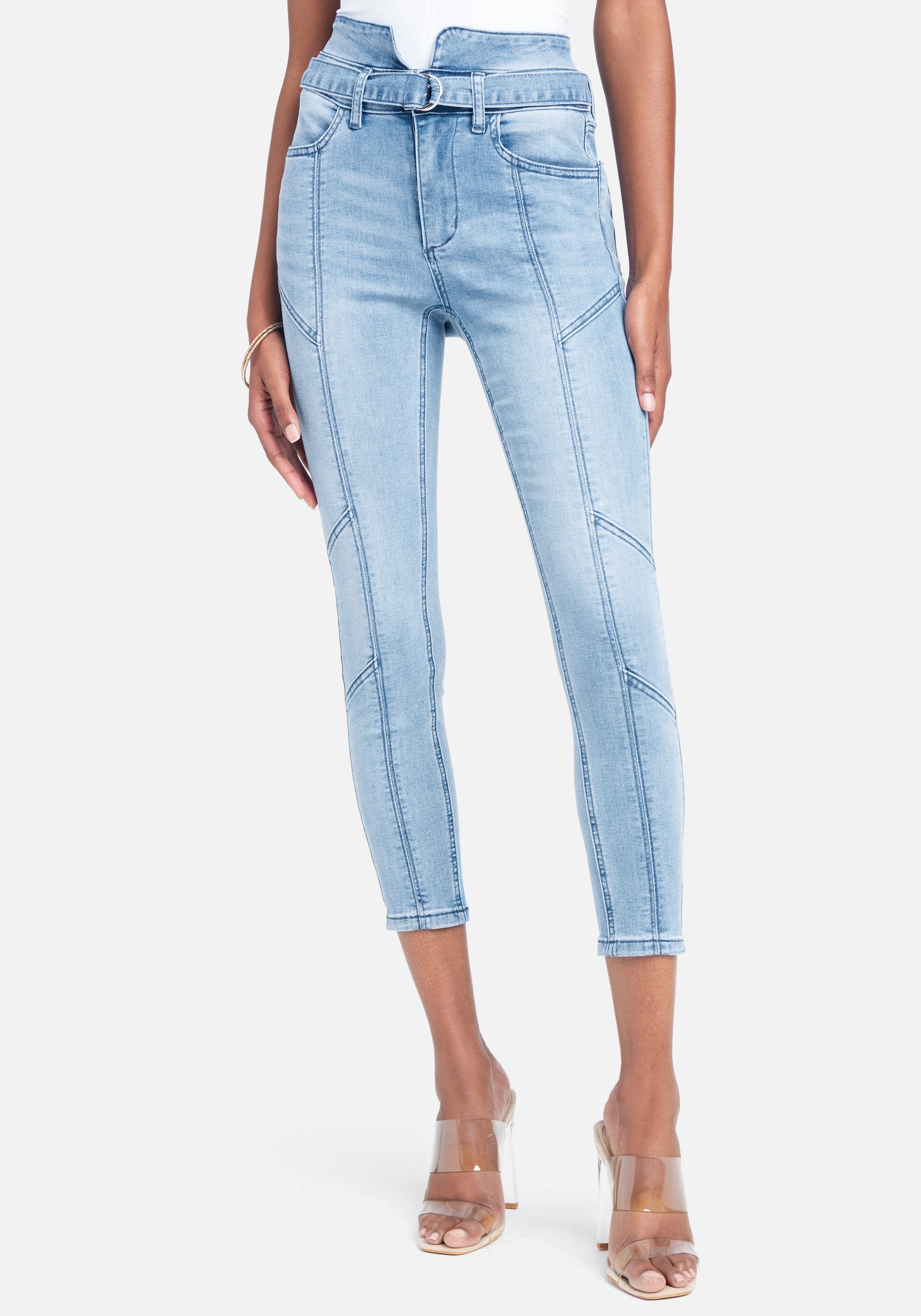 Bebe Women's High Waist Belted Waist Skinny Jeans, Size 26 in Medium Blue Wash Cotton/Spandex