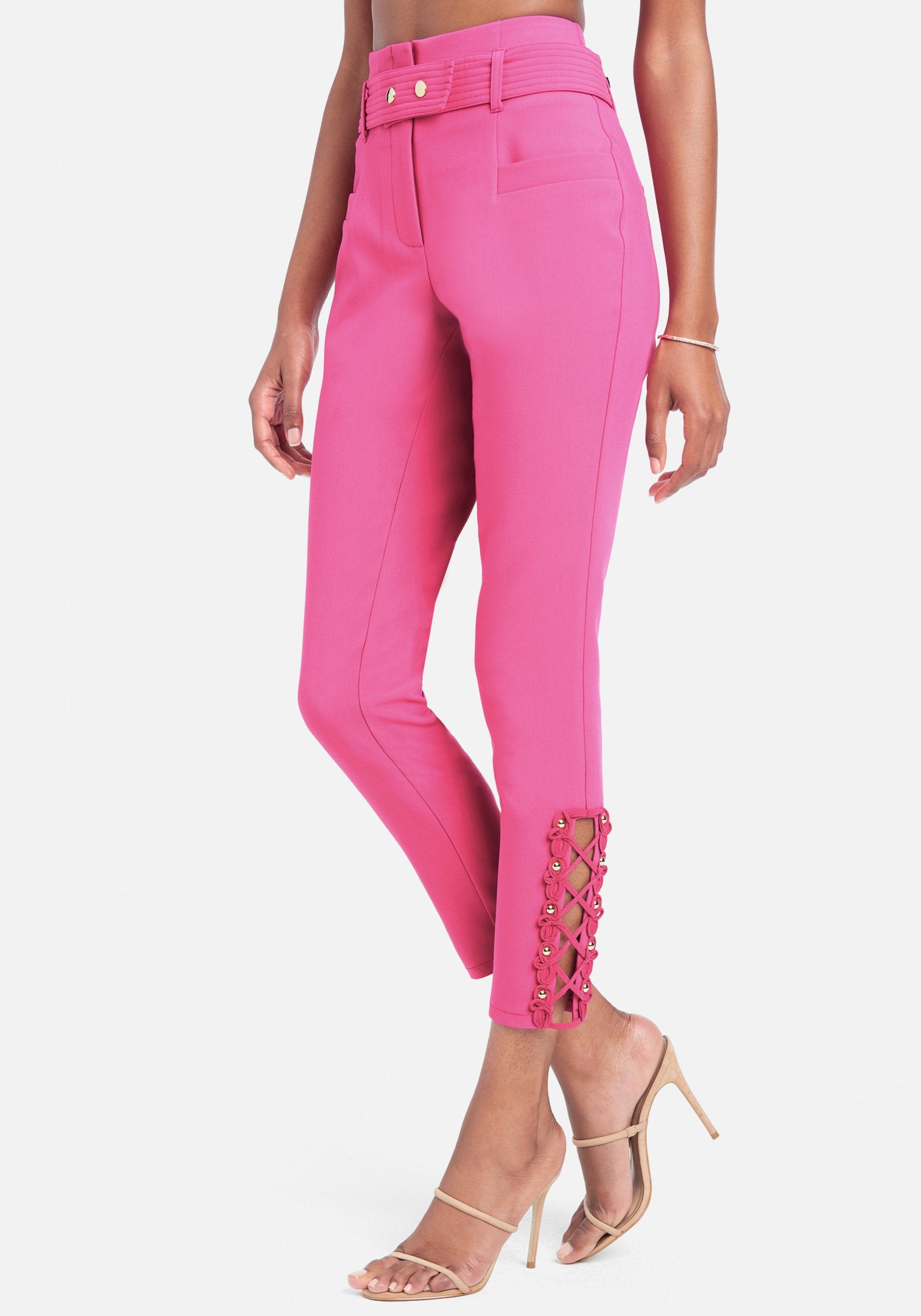 Bebe Women's Stretch Twill Fitted Belted Pant, Size 4 in Fuchsia Glow Spandex/Viscose