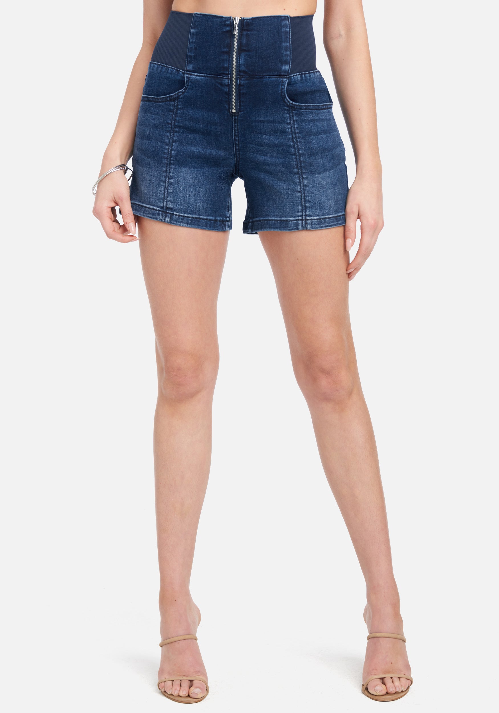 Bebe Women's High Waist Elastic Waist Jean Shorts, Size 32 in Medium Indigo Wash Cotton/Spandex