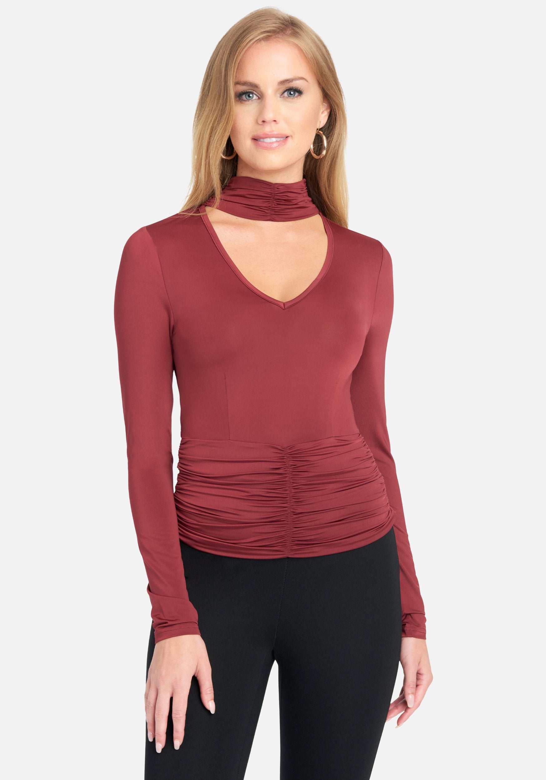 Mock Neck Ruched Waist Knit Top