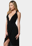 Sexy Asymmetric Halter Plunging Neck High-Low-Hem Dress