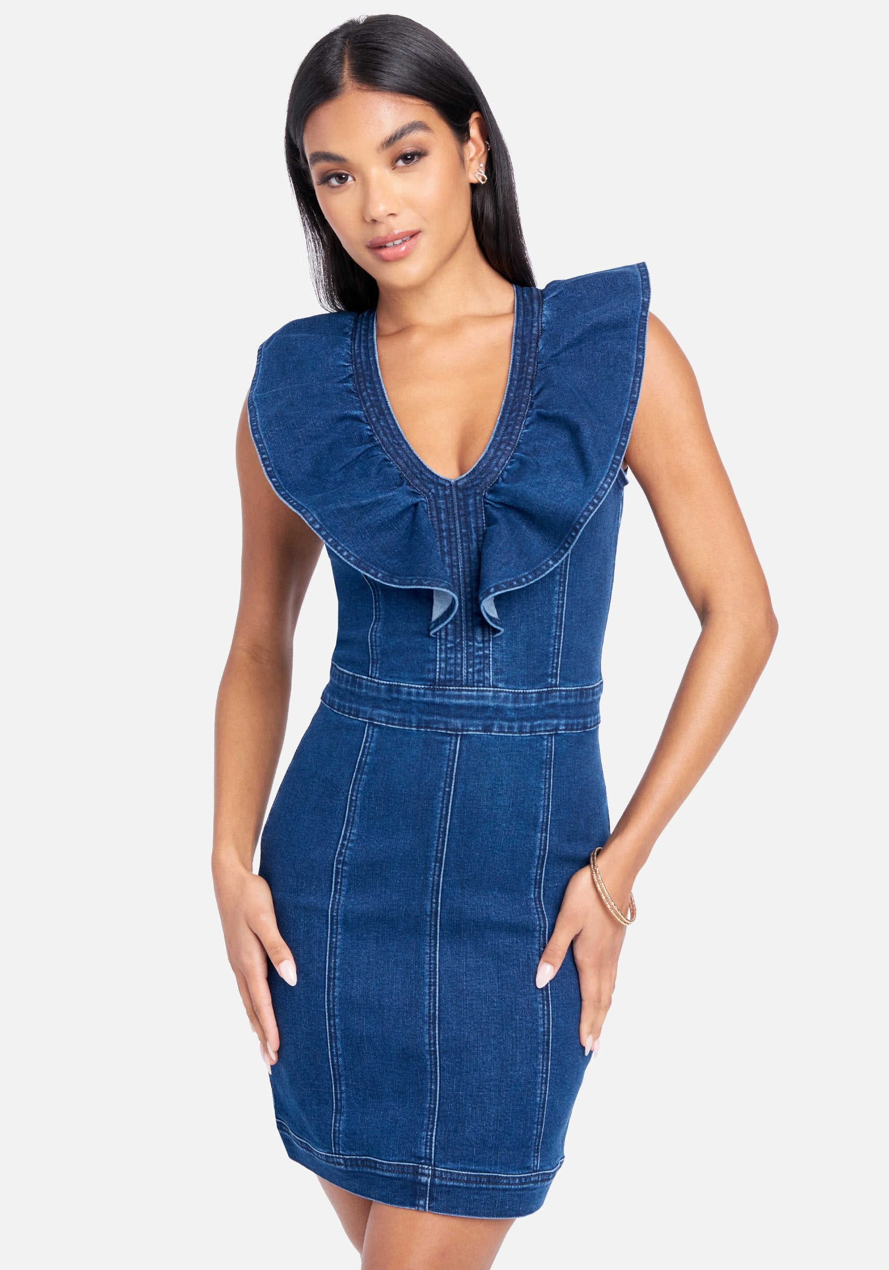  Accessories > Jewelry > Bracelets-V Neck Cascade Sleeve Denim Dress