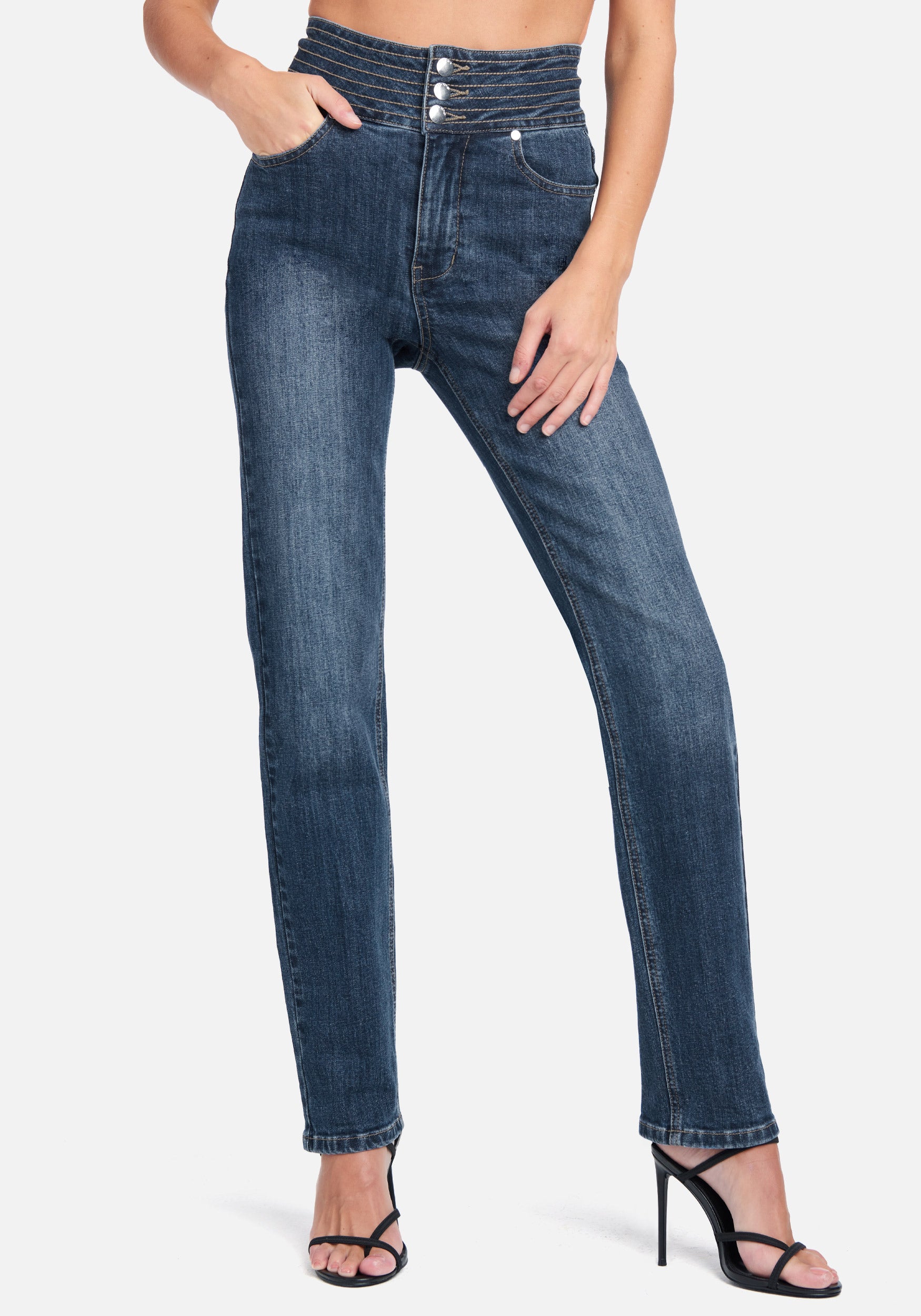  Apparel > Bottoms > Leggings-Sculpted High Waist Multi Stitch Straight Leg Jeans