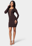 Sexy V-neck Plunging Neck Sweater Long Sleeves Lace-Up Ribbed Dress