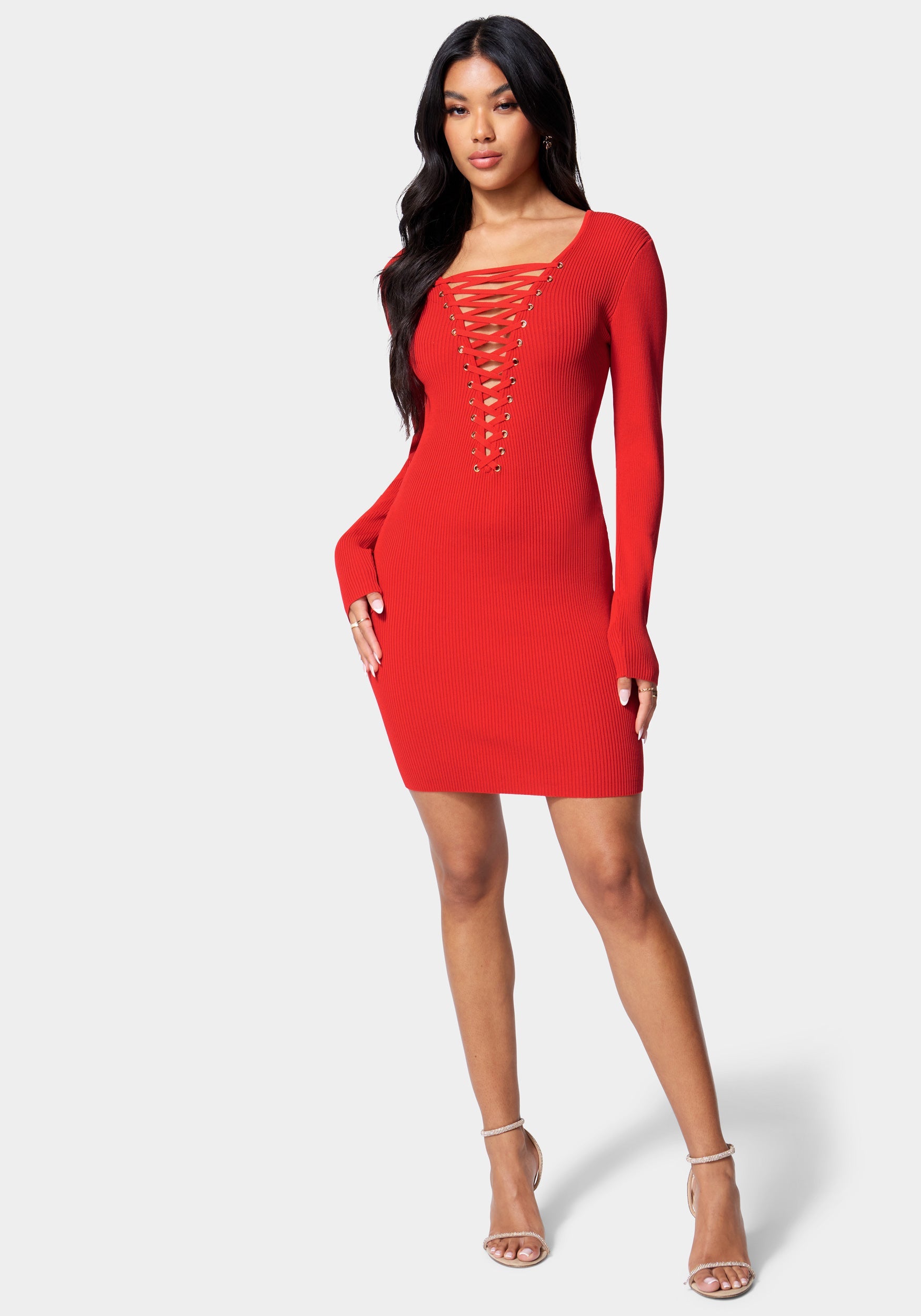 Plunge Neck Lace Up Sweater Dress