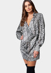 Cocktail Cowl Neck Fall Animal Striped Print Long Sleeves Shirt Dress