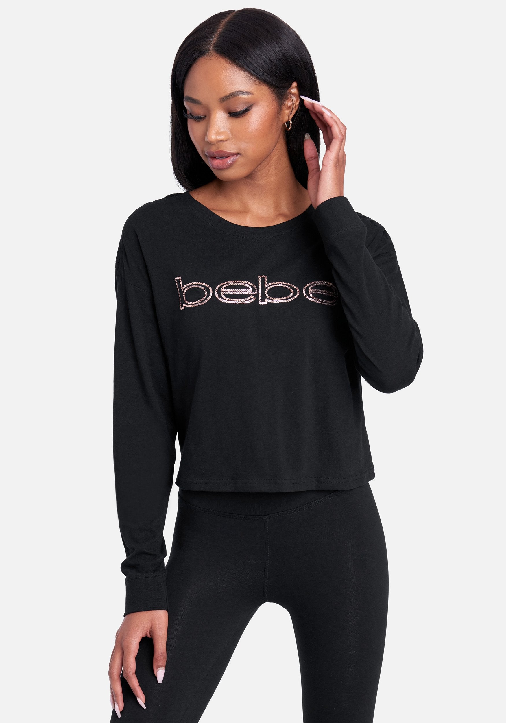  -Bebe Logo Sequin Long Sleeve Top