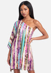 Dolman Sleeves One Shoulder Draped Flowy Asymmetric Cocktail Short Abstract Print Dress