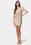 Chevron Print Long Sleeves Short Mock Neck Sequined Party Dress