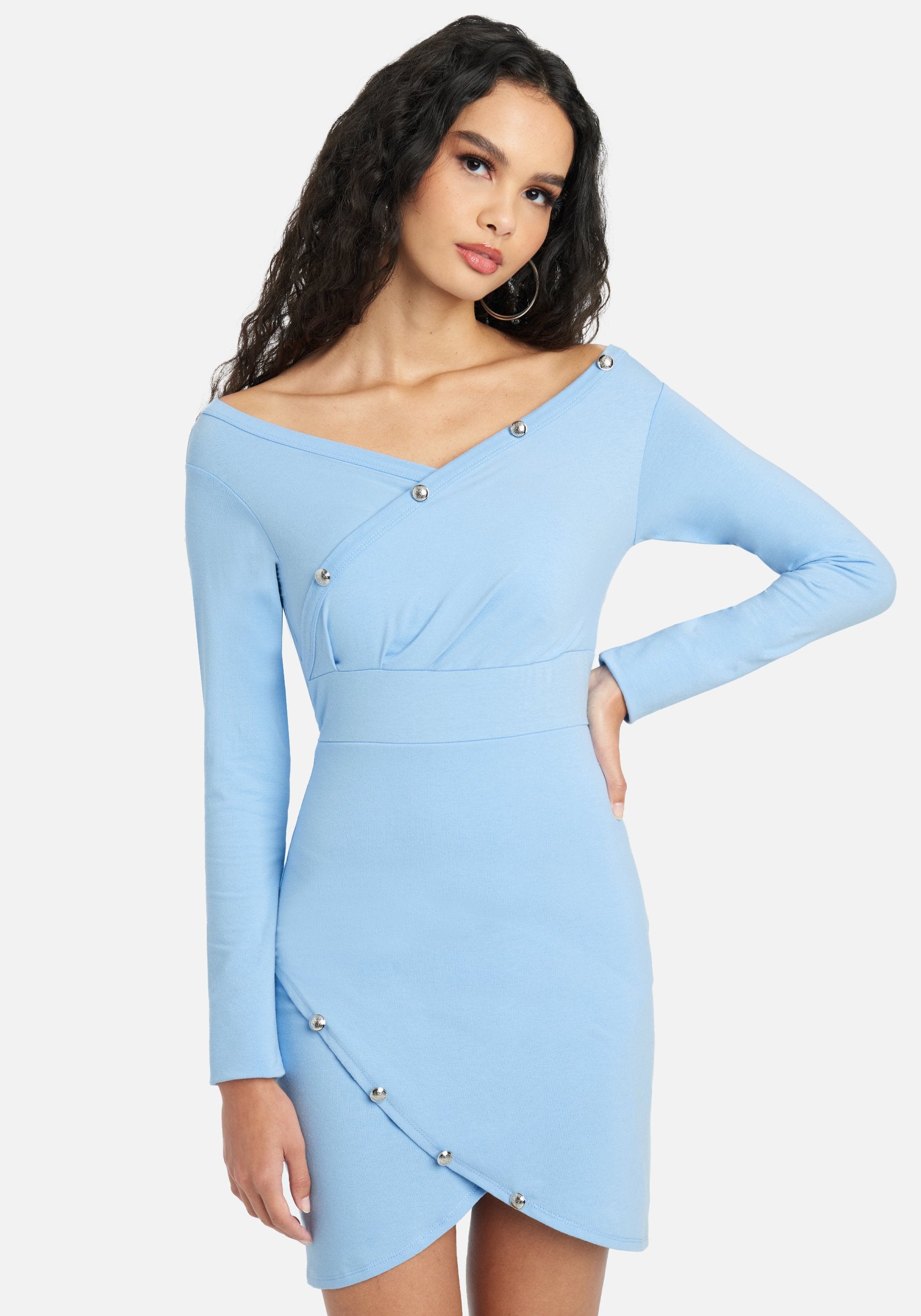 Off Shoulder Button Knit Mini Dress