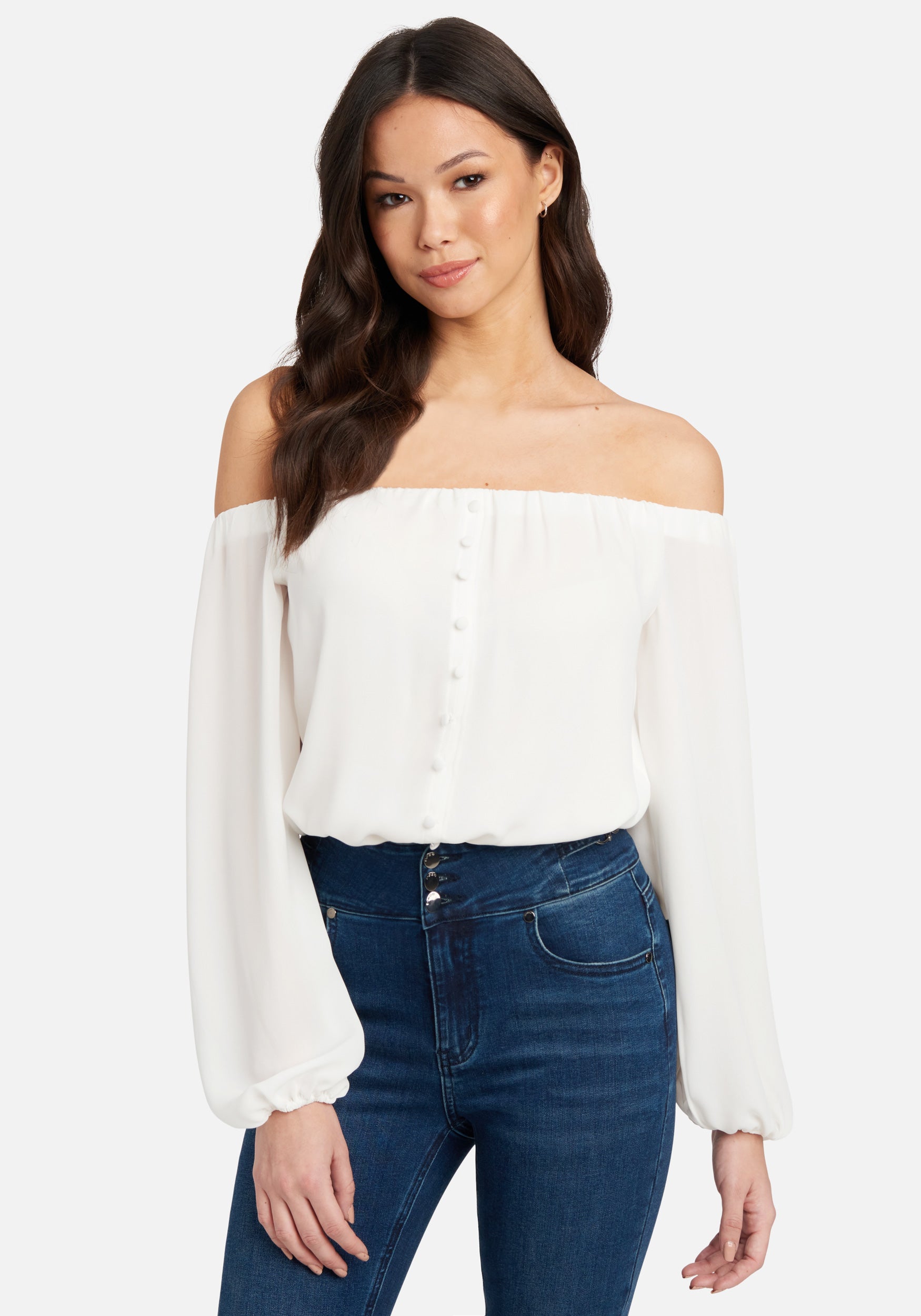 Off Shoulder Front Button Crepe Bodysuit