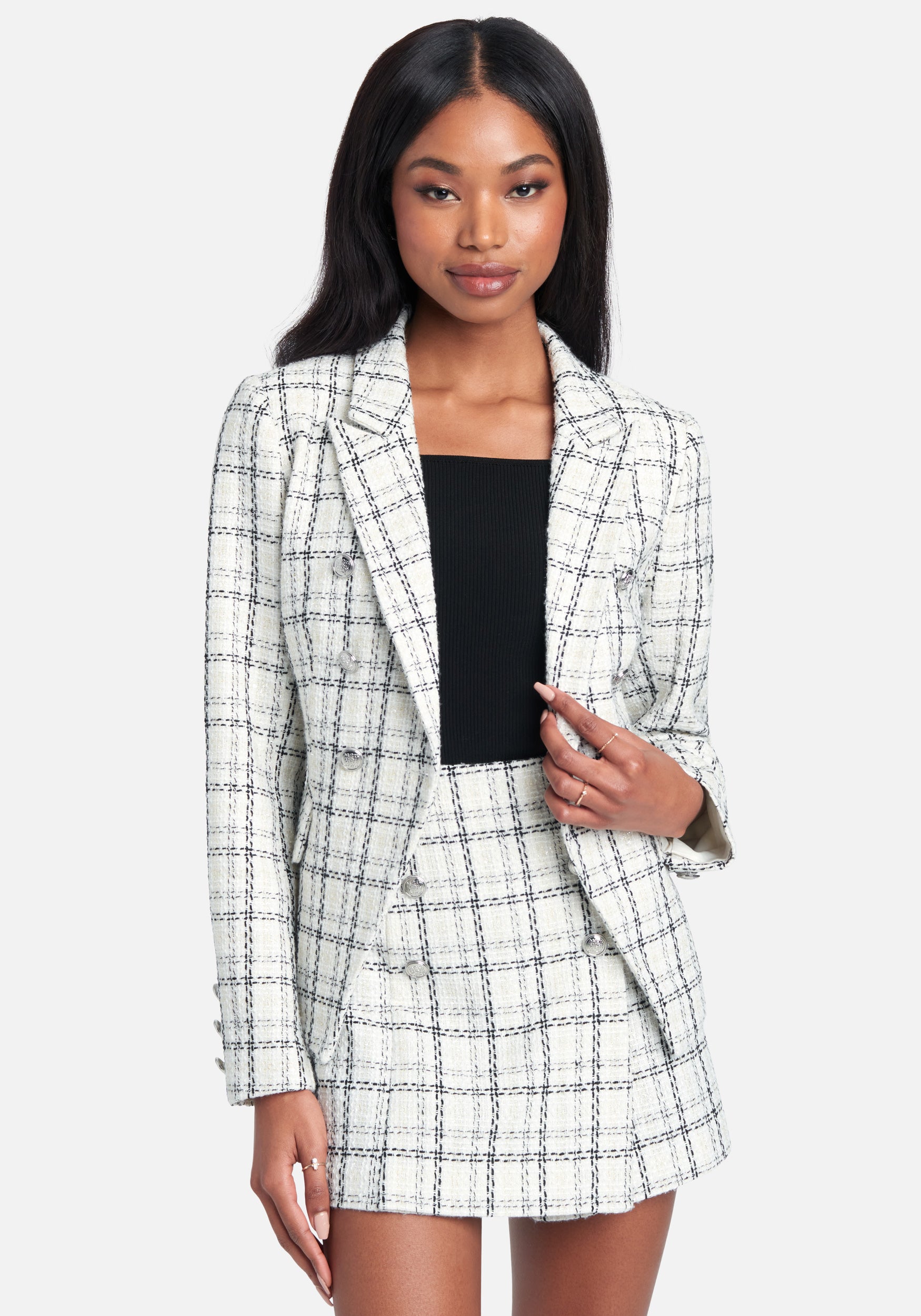  -Window Pane Boucle Double Breasted Tailored Jacket