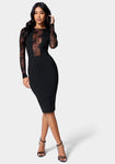 Long Sleeves Mesh Plunging Neck Little Black Dress/Midi Dress