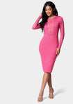 Long Sleeves Mesh Plunging Neck Midi Dress