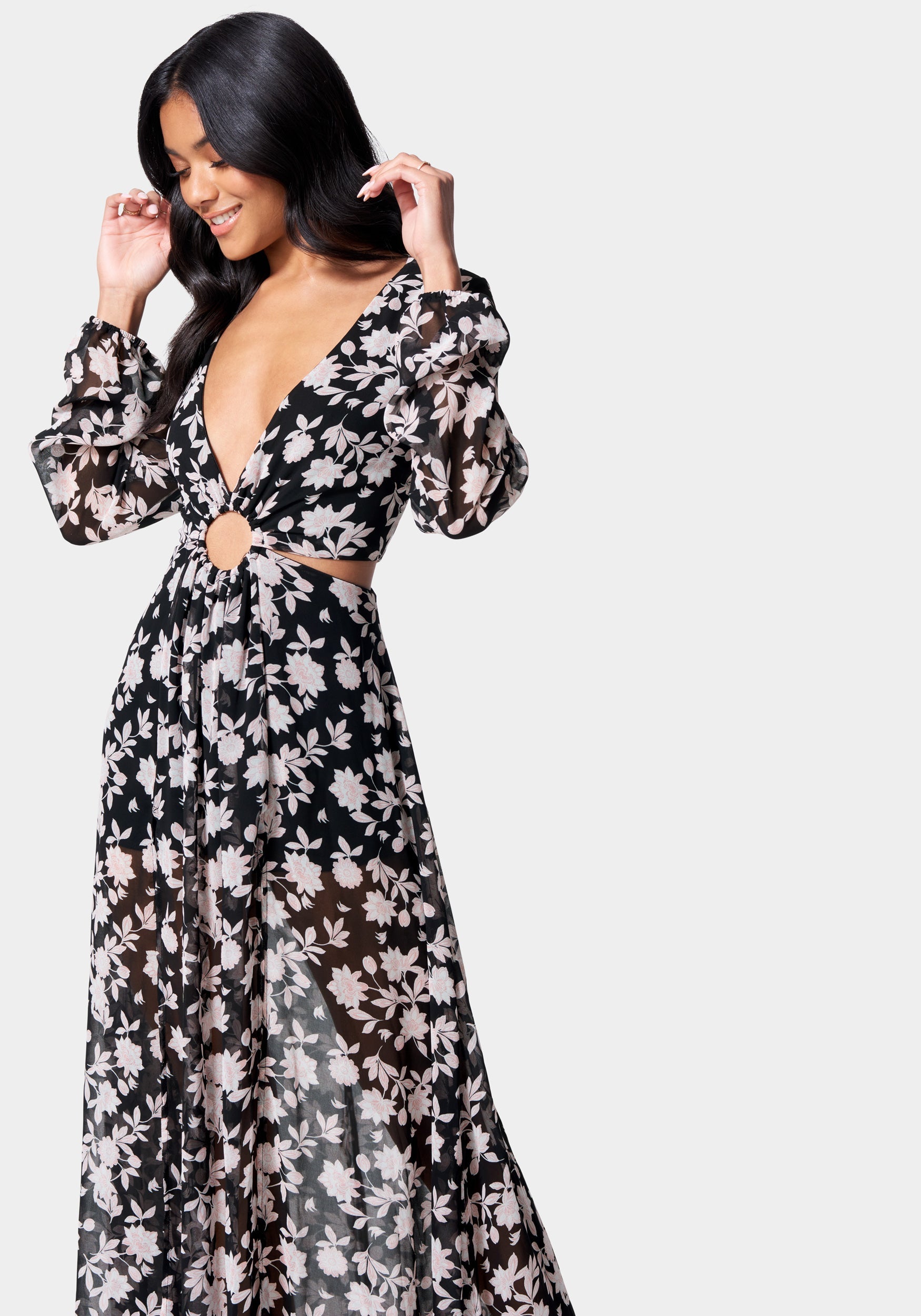 Plunging O-Ring Detail Maxi Dress