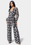 Polyester General Print Self Tie Wrap Sheer Long Sleeves Spring Jumpsuit