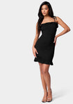 Polyester Crinkled Short Tie Waist Waistline Little Black Dress With Ruffles