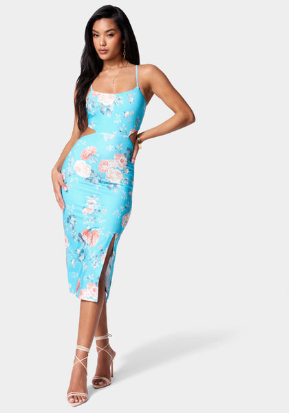 Floral Print Slit Cutout Midi Dress