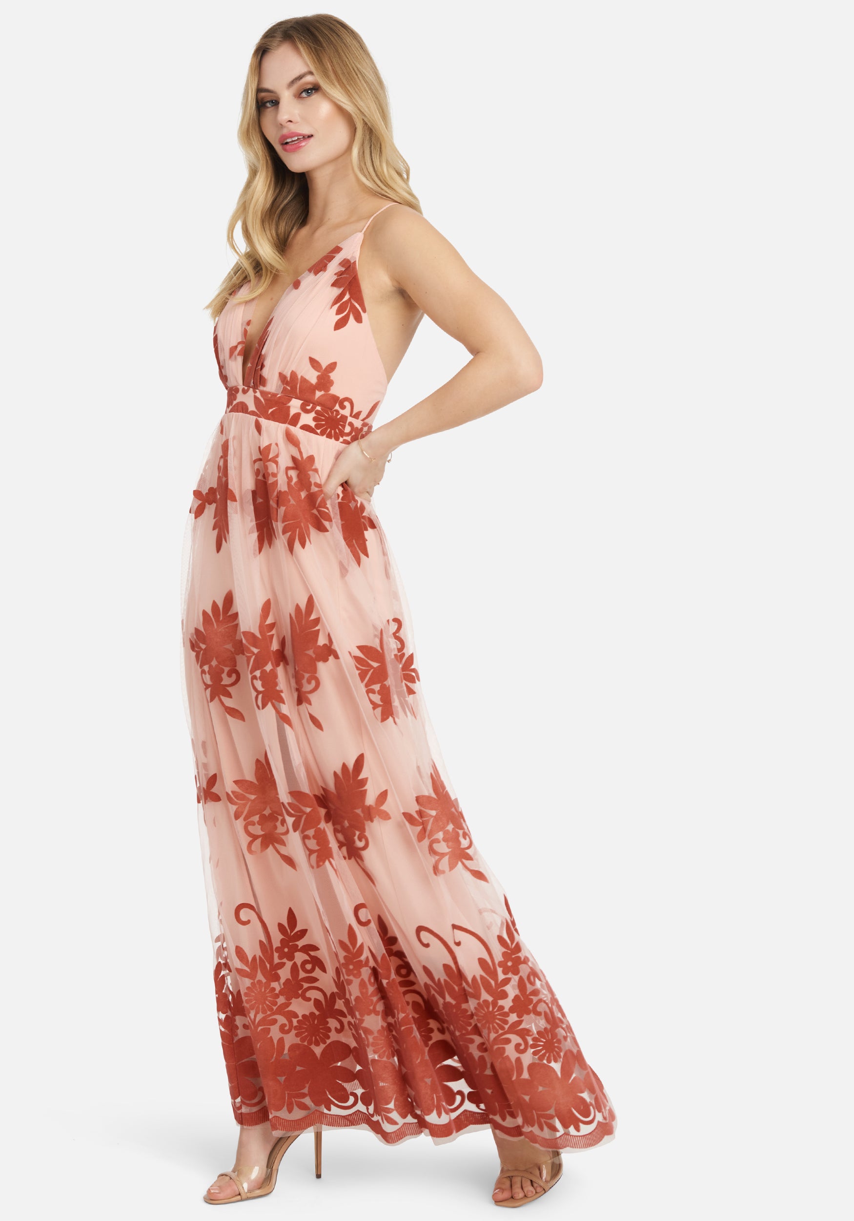 Plunge Neck Embroidered Maxi