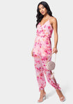 V-neck Polyester Floral Print Gathered Pocketed Jumpsuit