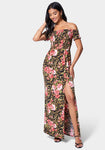 Animal Leopard Floral Print Short Sleeves Sleeves Off the Shoulder Smocked Slit Maxi Dress