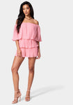 Off the Shoulder Polyester Tiered Romper With Ruffles
