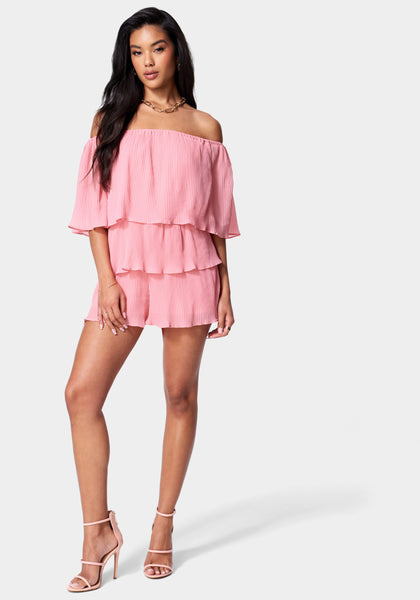 Off the Shoulder Tiered Polyester Romper With Ruffles