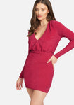 Long Sleeves Cocktail Short Plunging Neck Stretchy Glittering Bodycon Dress