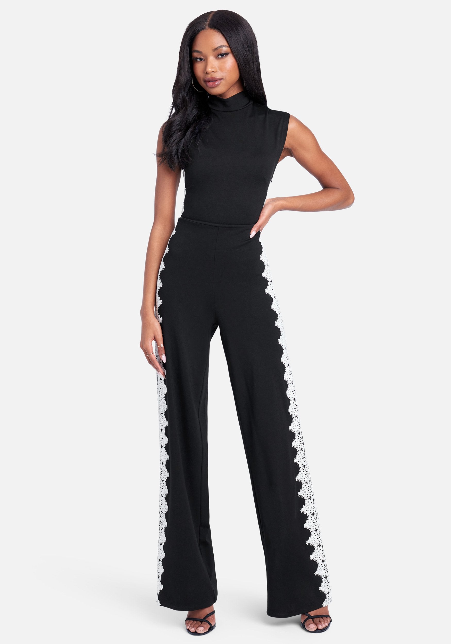  Apparel > Bottoms > Leggings-Lace Trim Mock Neck Jumpsuit